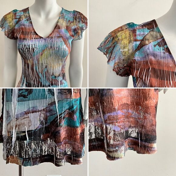 Komarov Petite Crinkle Short Sleeve Lace Inlay Mini Dress Multicolor PS - Picture 6 of 11